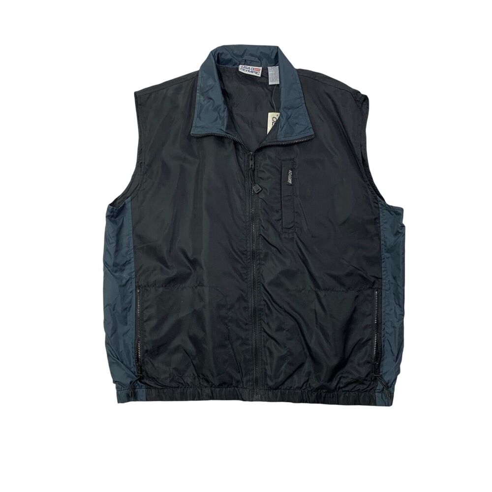 Vintage USA Olympic Vest Mens L Large Metal Black Full Zip Pocket Sleeveless